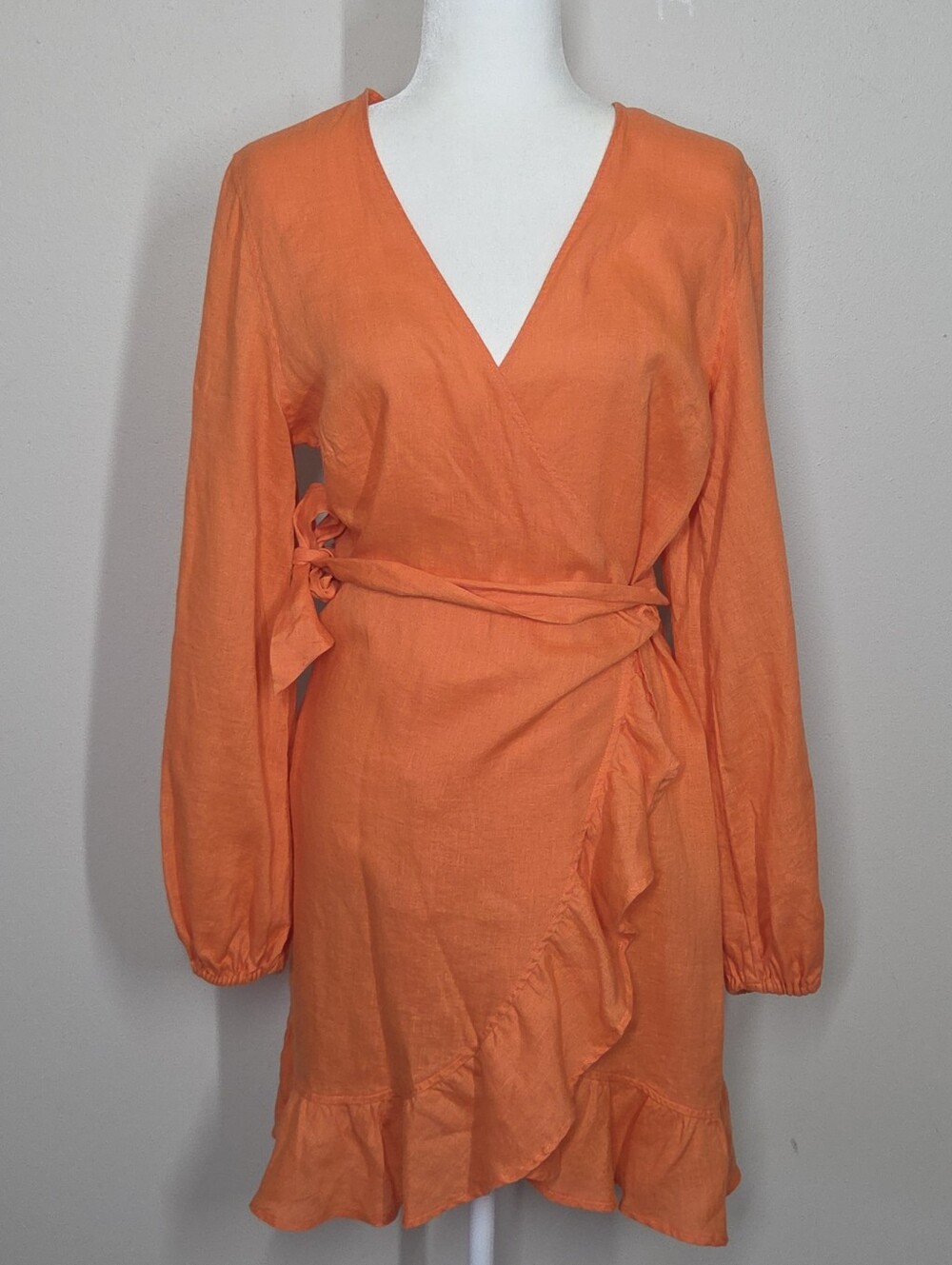 Heidi Klein San Sebastien Orange Linen Mini Wrap Dress Long Sleeve Coastal Small